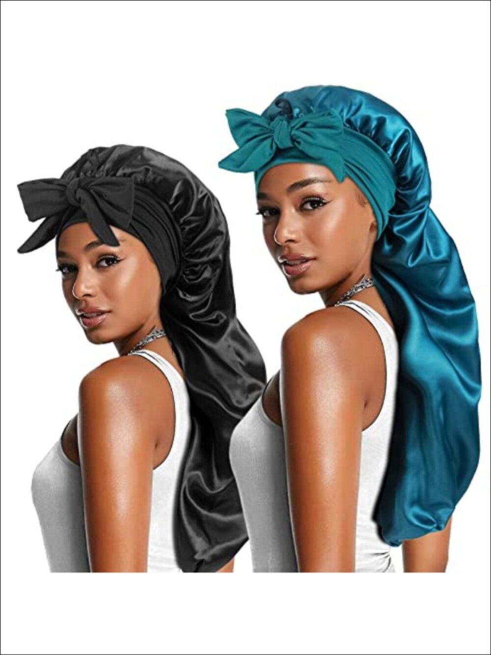 2pcs Long Satin Bonnets with Tie Band Large Silky Hair Cap for Braids Locs Sleep